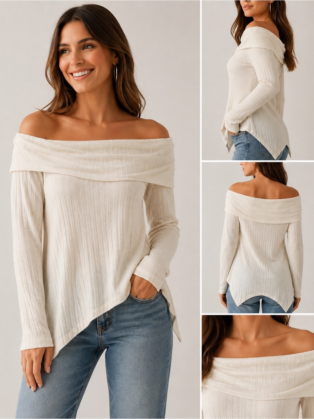 Cato Ivory Ribbed Cowl Neck Tunic Women’s XL Off Shoulder Sharkbite Hem Top